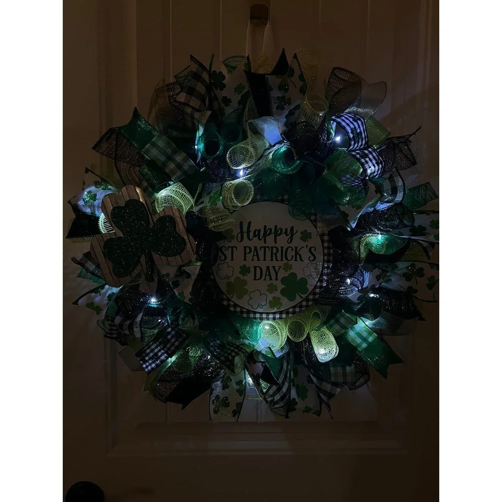Handmade Happy St. Patrick’s Day Ribbon Prelit Wreath 22 ins LED W7
